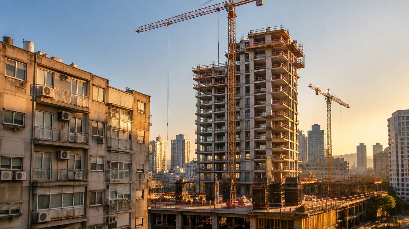 בניין מגורים ישן לצד מגדל מגורים חדש בבנייה ועגורנים בשעת שקיעה