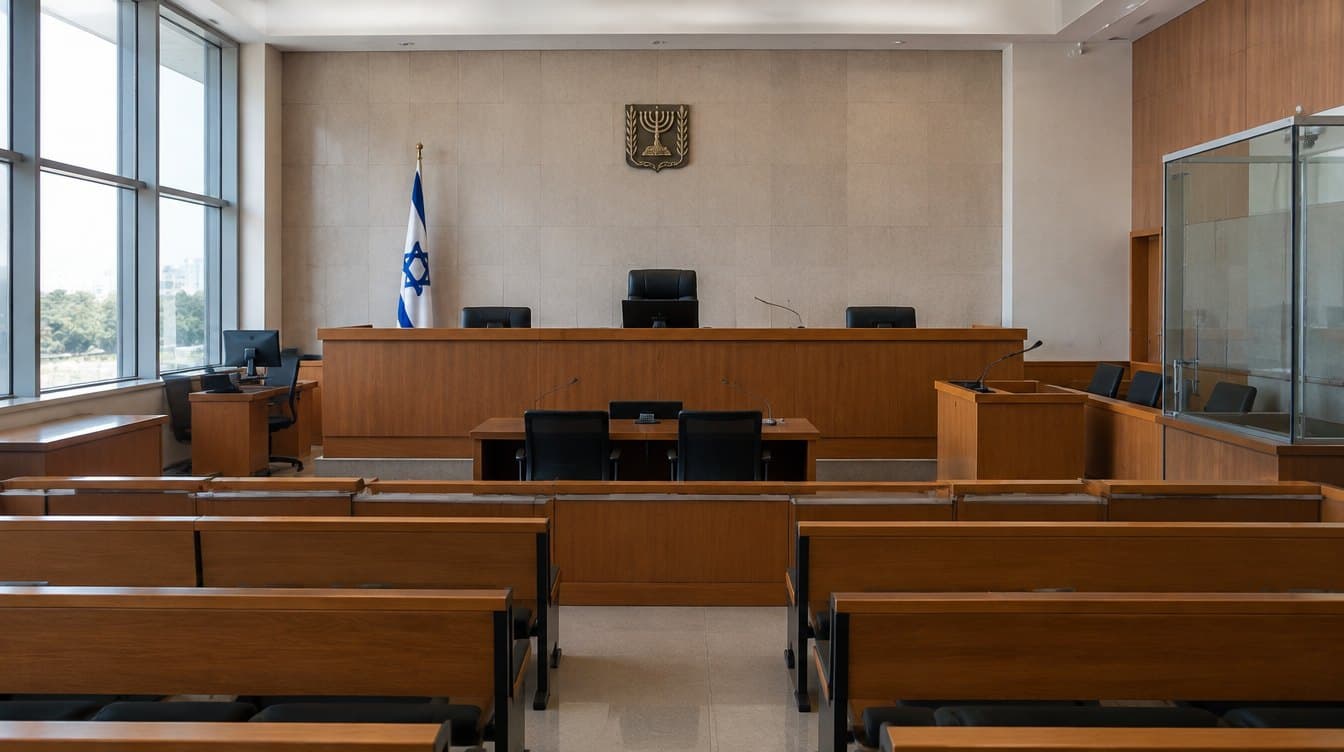 אולם בית משפט ריק עם דוכן השופטים, דגל ישראל וסמל המדינה