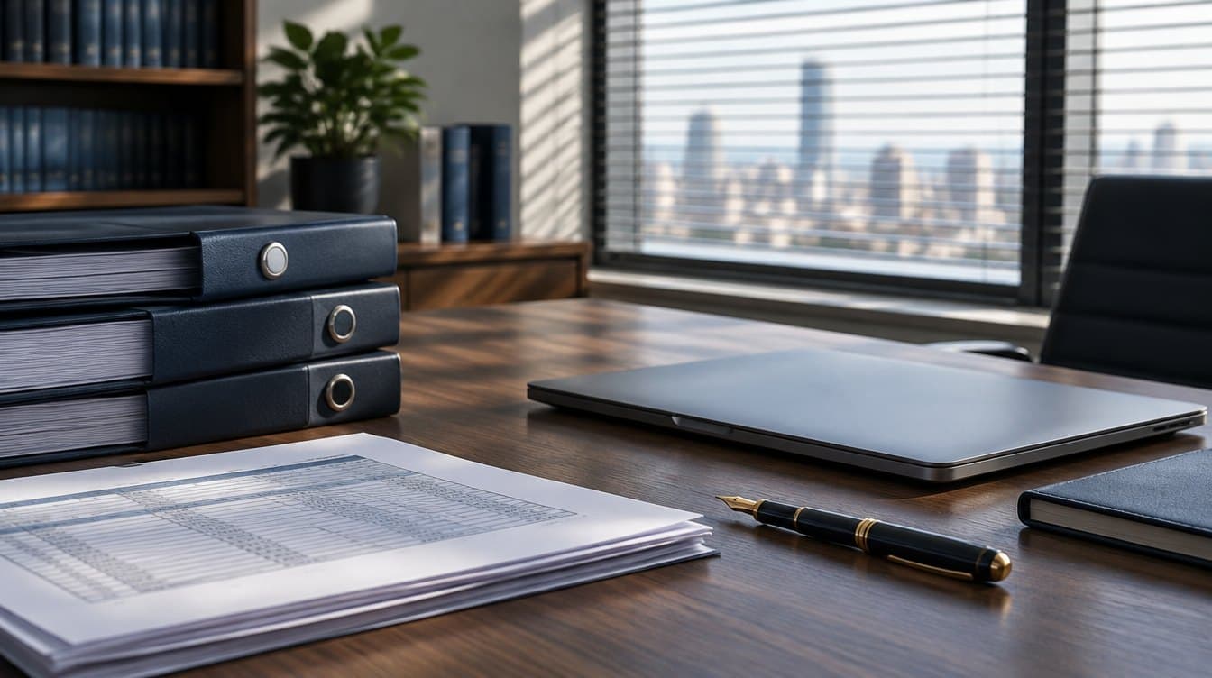 Desk at a law office with binders, tax documents, a closed laptop, and a fountain pen