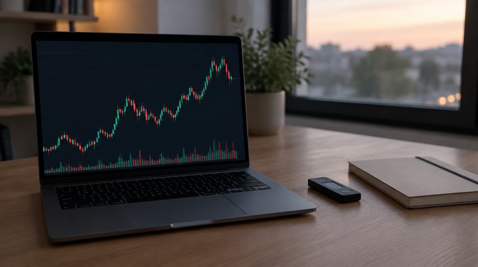 Laptop displaying a candlestick trading chart, a black hardware wallet, and a notebook on a wooden desk by a window at dusk