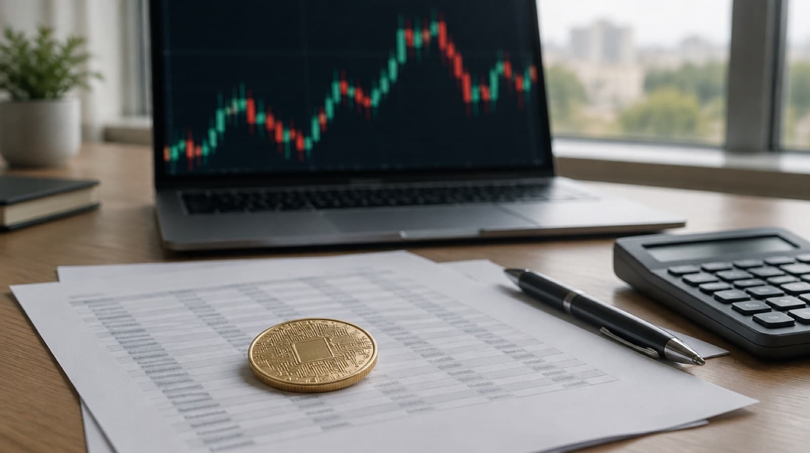 Gold coin engraved with a circuit-board pattern resting on spreadsheet pages, beside a pen and calculator, with a laptop displaying a candlestick price chart in the background