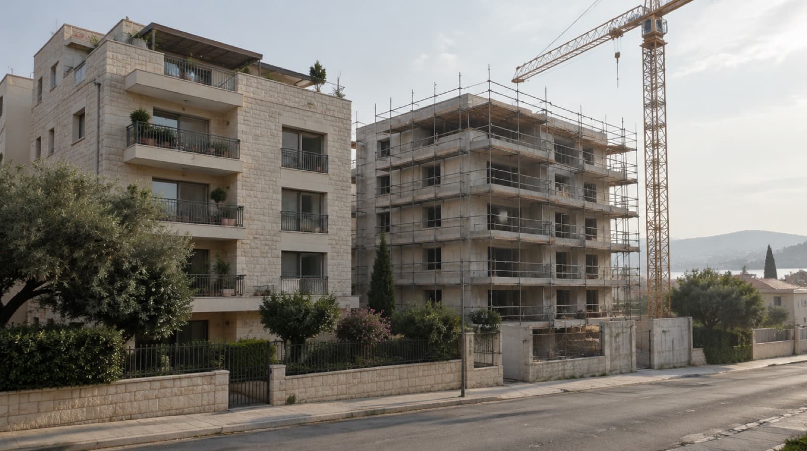 שני בנייני מגורים ברחוב שקט: בניין גמור מאבן בהירה עם מרפסות, ולידו בניין חדש בשלבי סיום עם פיגומים ועגורן