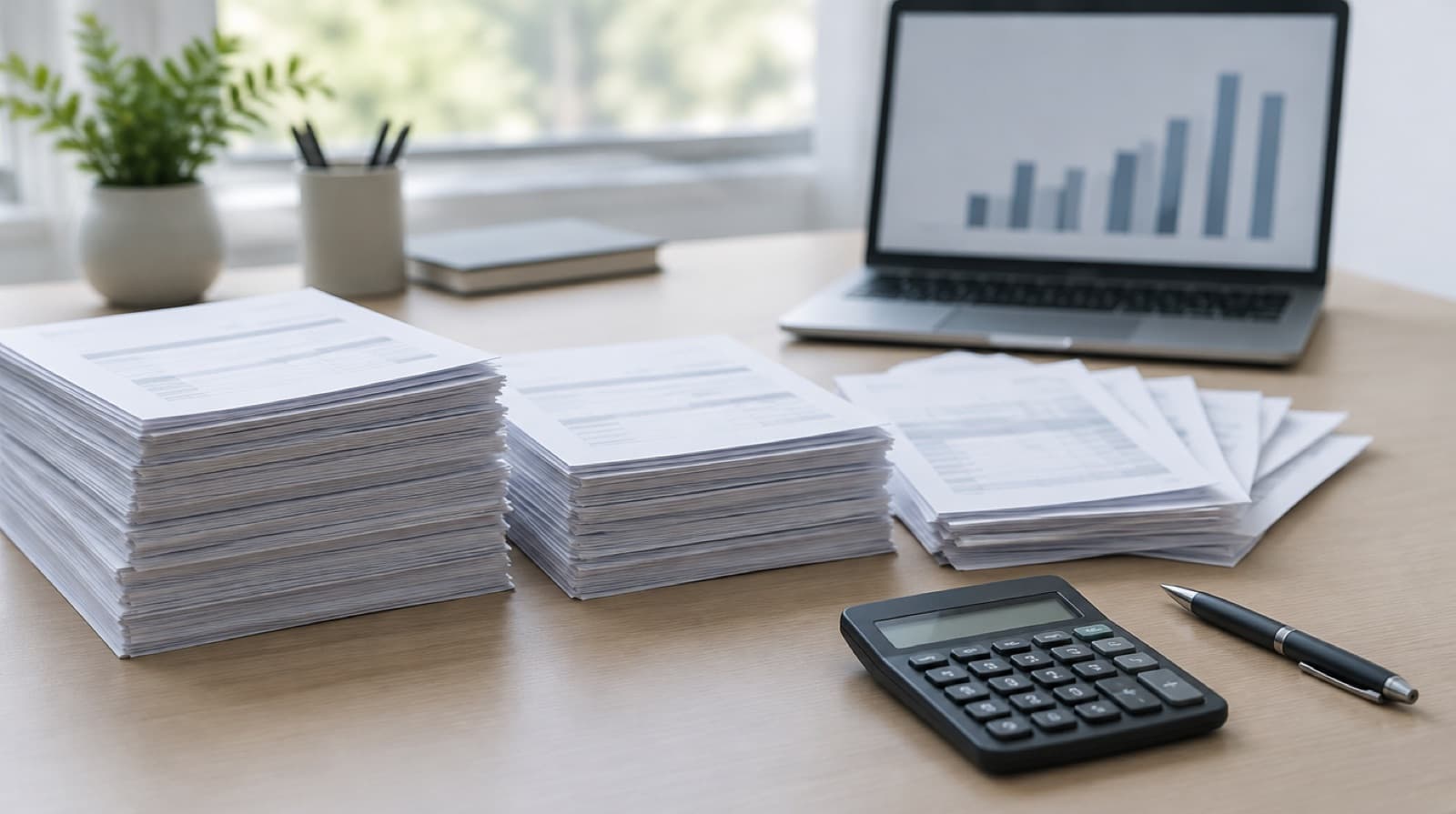 Three stacks of invoices on a desk, one spread out, next to a calculator and pen, with a laptop displaying a bar chart in the background