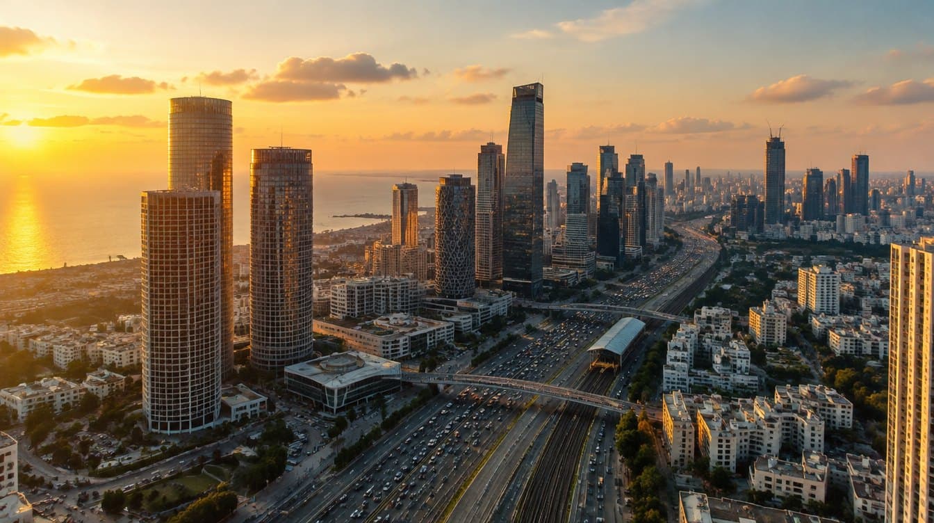 מבט מלמעלה על מגדלי המשרדים ונתיבי איילון בתל אביב בשעת שקיעה