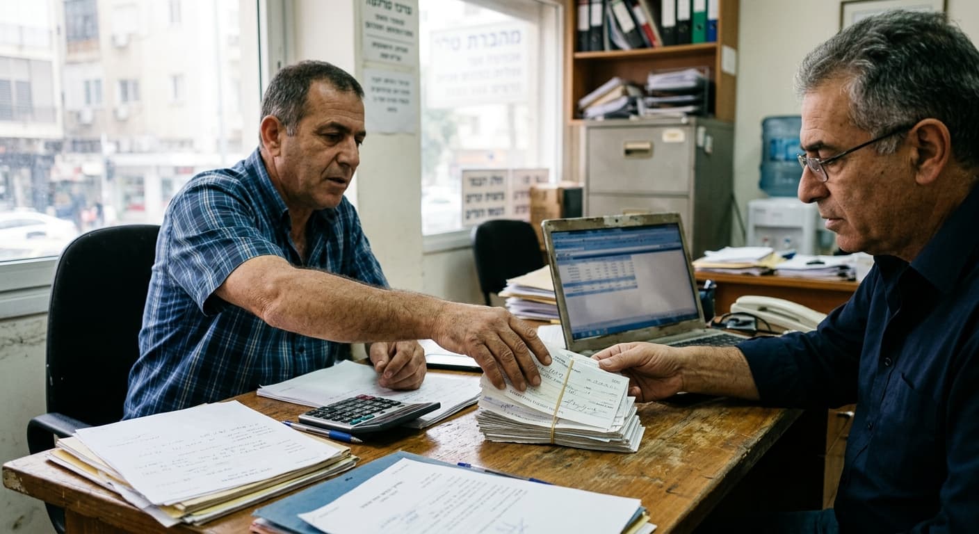 בעל עסק מעביר חבילת שיקים דחויים למממן במשרד ניכיון שיקים, עם מחשבון, מסמכים ומחשב נייד על השולחן – המחשה לכתבה על עמדת רשות המיסים לסווג עסקאות ניכיון שיקים כעסקאות מכר החייבות במע"מ