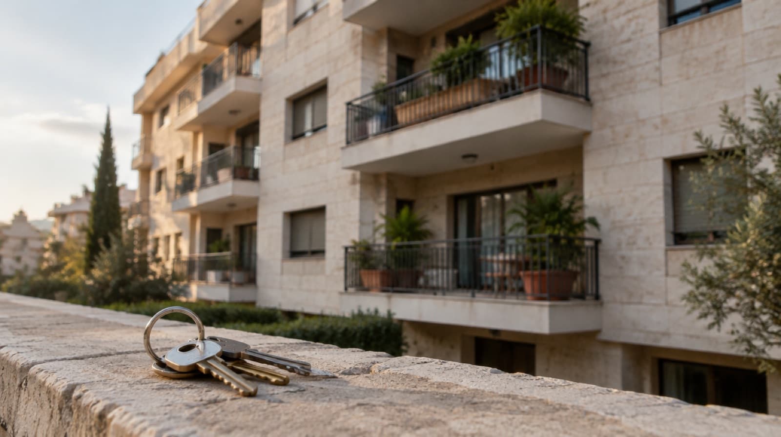 בניין מגורים מאבן בהירה עם מרפסות וצמחים, וצרור מפתחות מונח על גדר אבן בחזית