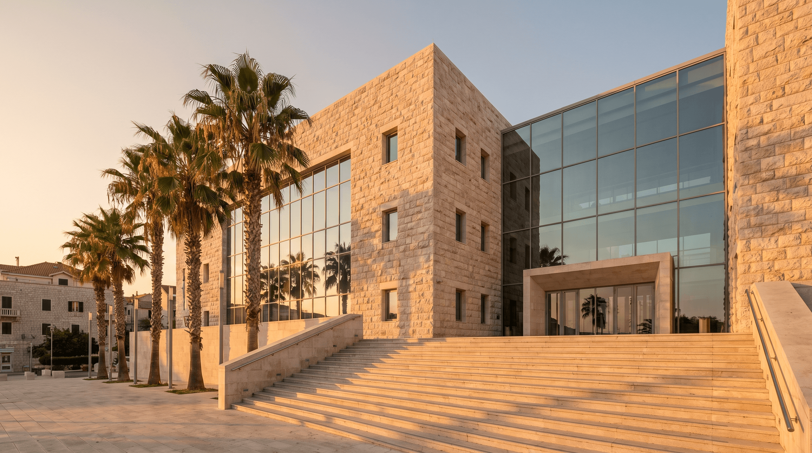 בניין משרדים ציבורי מאבן וזכוכית עם מדרגות רחבות בכניסה ועצי דקל לצדו, בשעת שקיעה