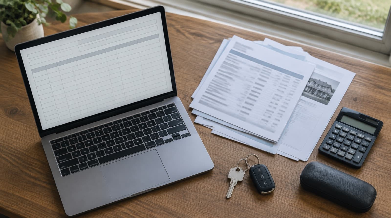 Open laptop with a blank spreadsheet on a wooden desk, beside a stack of detail sheets and asset documents, a calculator, a house key and a car key