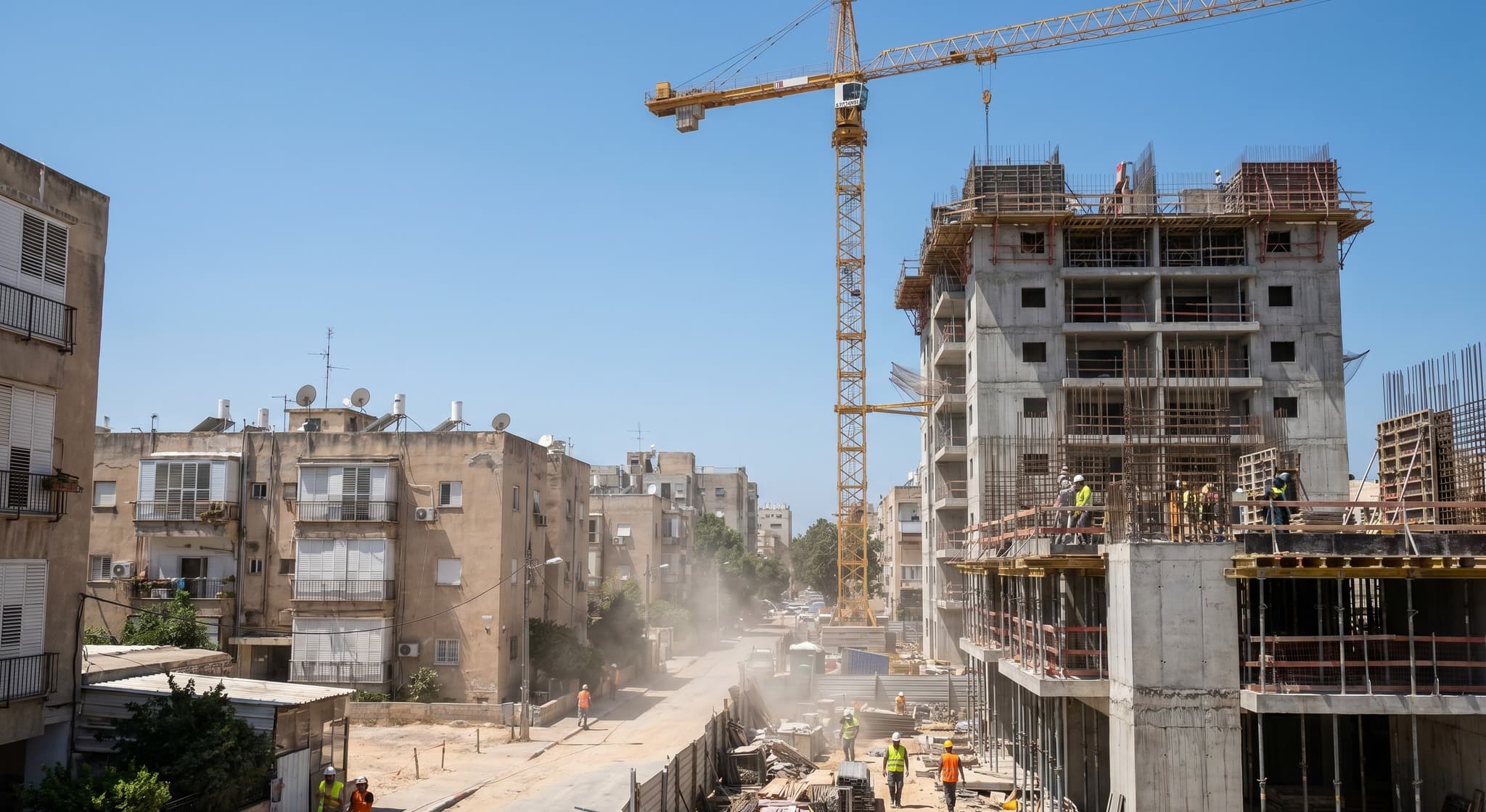 אתר בנייה של מגדל מגורים עם עגורן בפרויקט התחדשות עירונית — המחשה לכתבה על מע"מ והוצאות יזמים