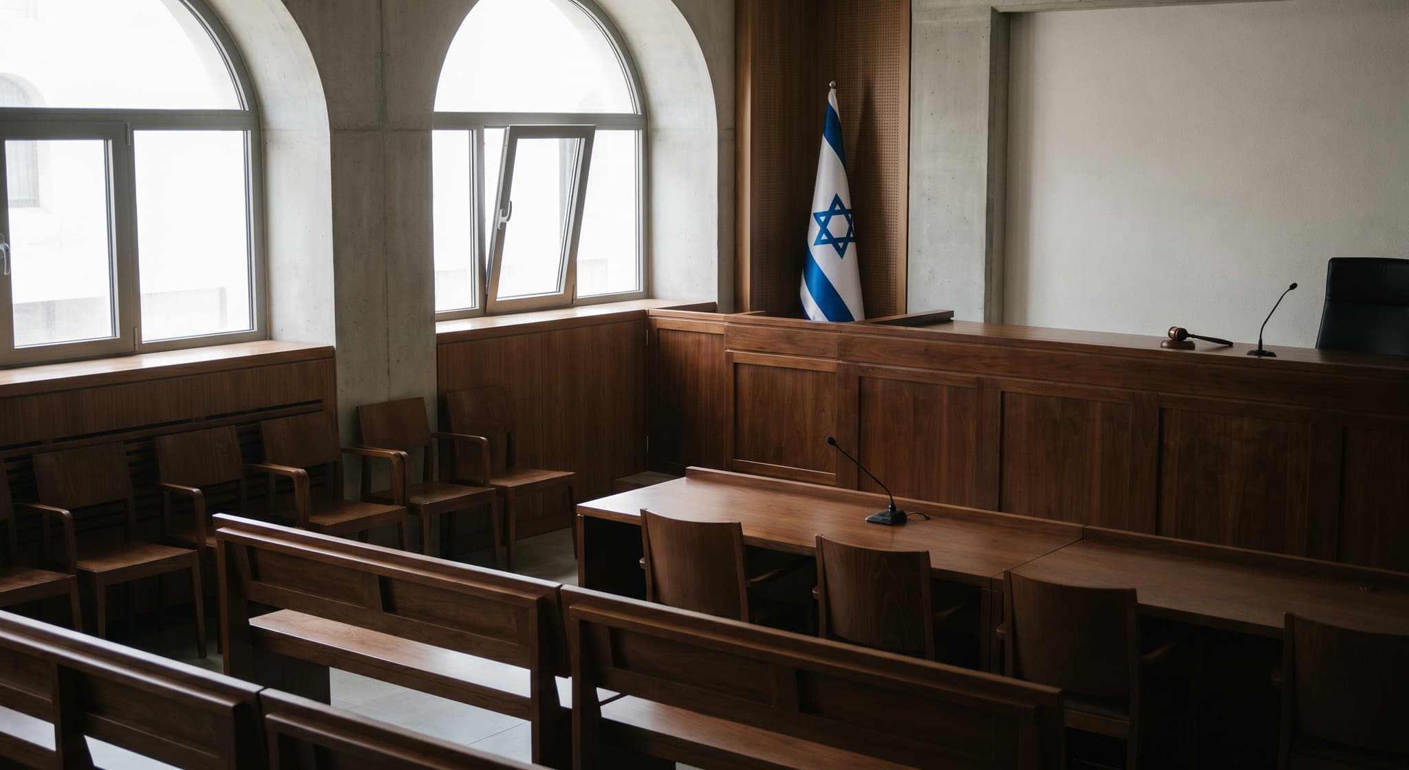 אולם בית משפט מודרני וריק עם דוכן השופט — המחשה לכתבה על ביטול שומת מע"מ בשל פגם פרוצדורלי