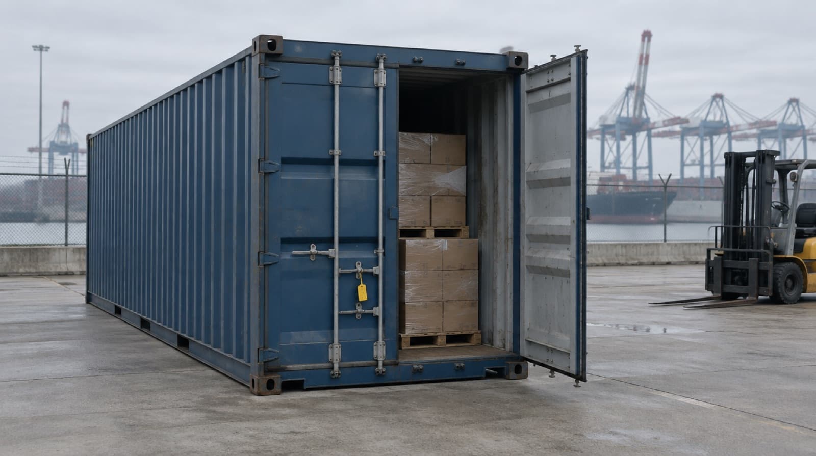 Open blue shipping container with wrapped cartons on pallets, standing in a fenced port yard with a forklift and cranes in the background